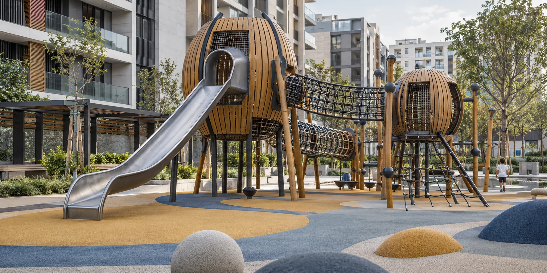 Metal ve ahşap oyun gruplarından oluşan çocuk parkı